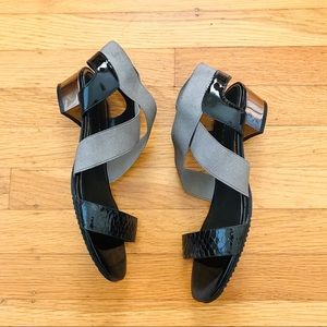 Elie Tahari Open Toe Black Leather Chunky Heel Strap Sandals size 8